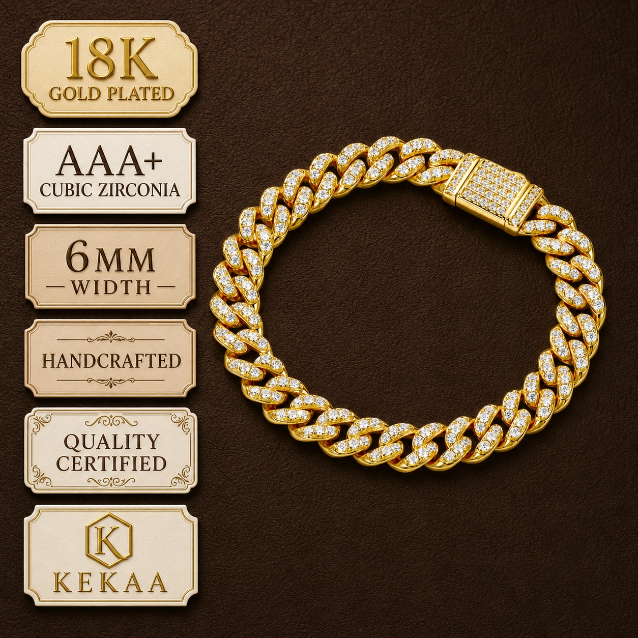Ultra Modern Real Golden Cuban Zircon 6MM THIN Bracelet | 18K PVD Gold Plated- For Men | Includes: Bracelet