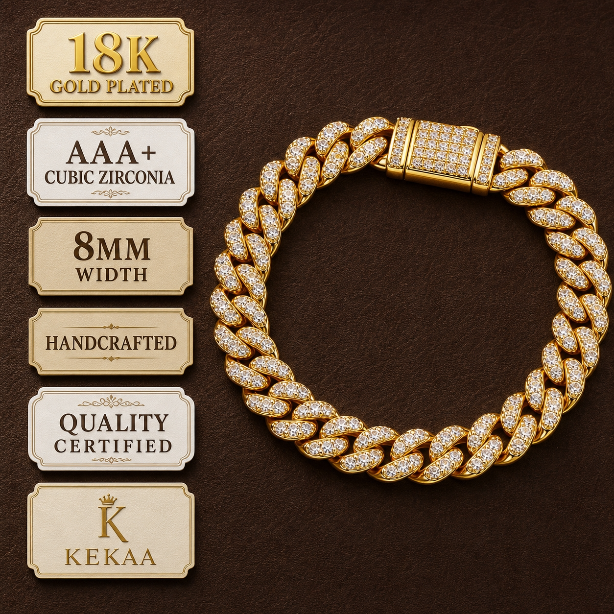 Ultra Modern Real Golden Cuban Zircon 8MM STANDARD Bracelet | 18K PVD Gold Plated- For Men | Includes: Bracelet