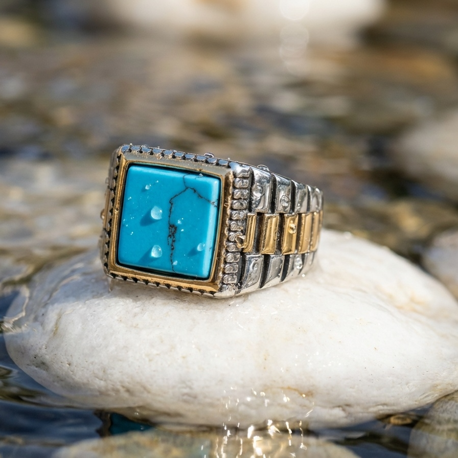 Natural Turquoise Stone Pyramid Ring | TITANIUM STEEL– For Men | Includes: Ring