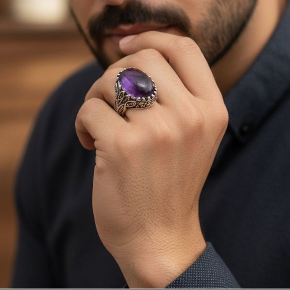 Purple Pleasure Ring Flexi Size | Amethyst Stone– For Men | Includes: Ring