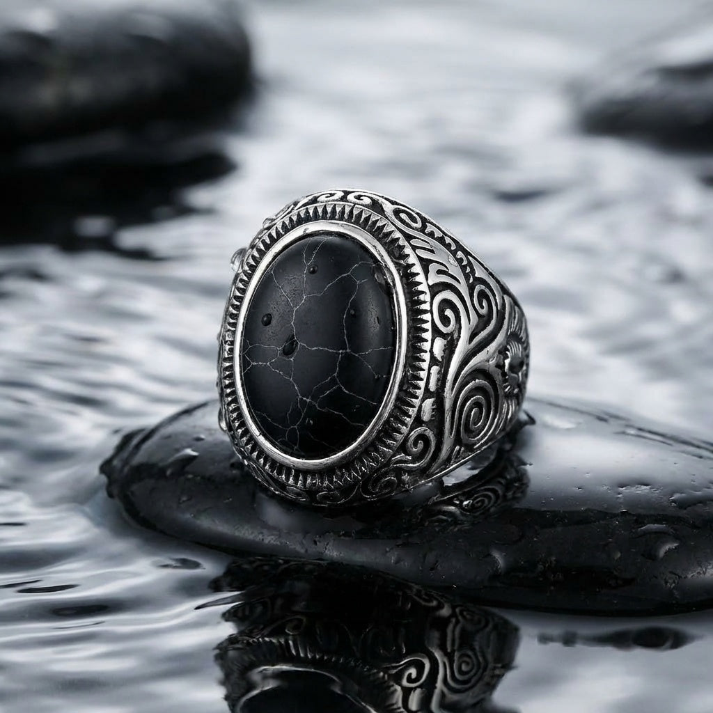 BOLD Black Turquoise Stone STEEL Ring | Stainless Steel– For Men | Includes: Ring