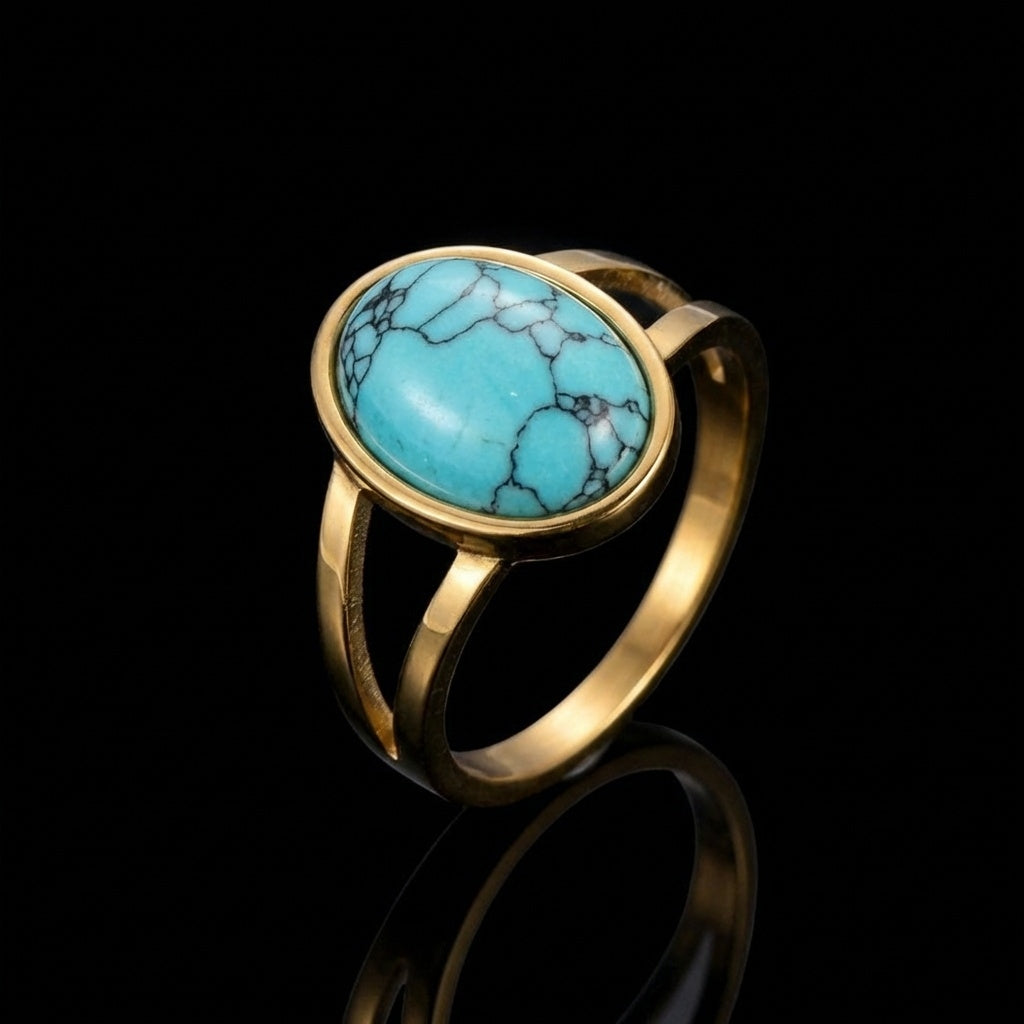 Turquoise Stone Golden Dual Band Oval Ring | 18K Real Gold PVD Plated– For Men | Includes: Ring