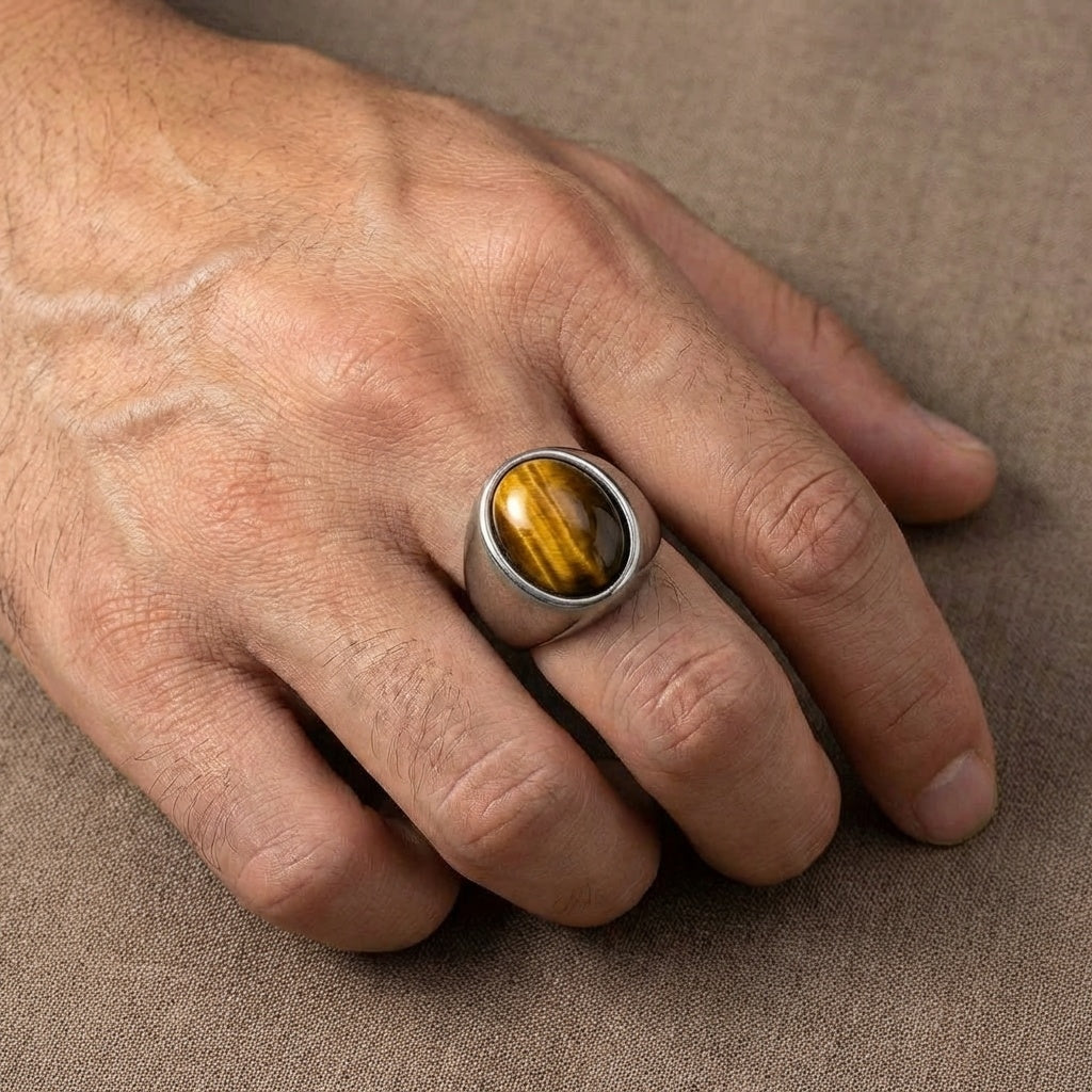 Natural BOLD Tiger Eye Stone Golden Titanium Steel Ring | PVD Plated– For Men | Includes: Ring
