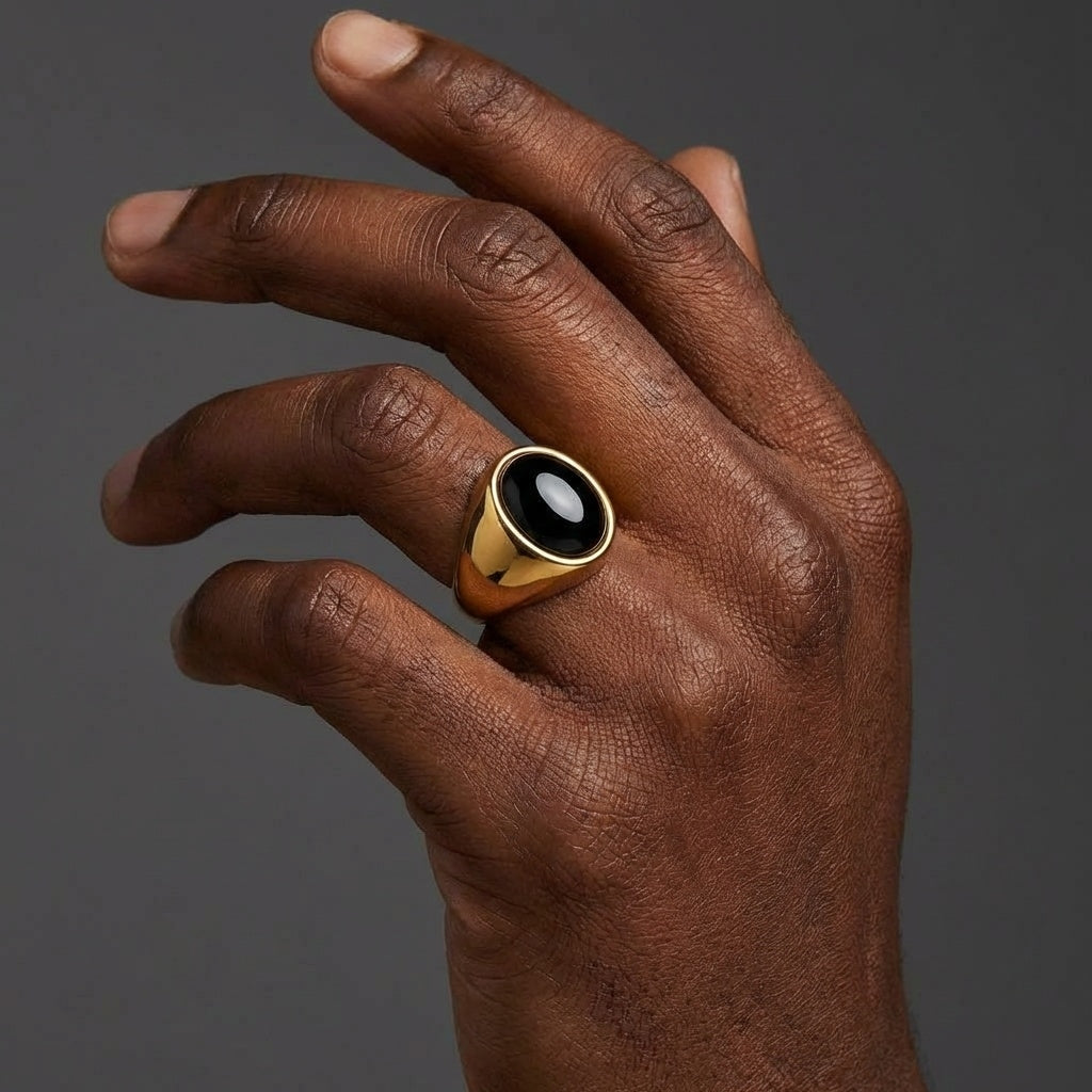 Natural BOLD Black Onyx Stone Golden Ring | 18K Real Gold PVD Plated– For Men | Includes: Ring