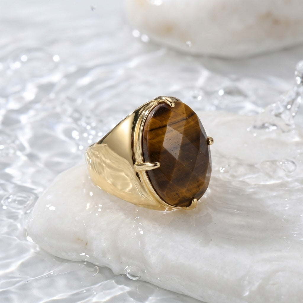 Natural Tiger Eye Faceted Stone Golden Flexi Size Ring | 18K Real Gold PVD Plated– For Men | Includes: Ring
