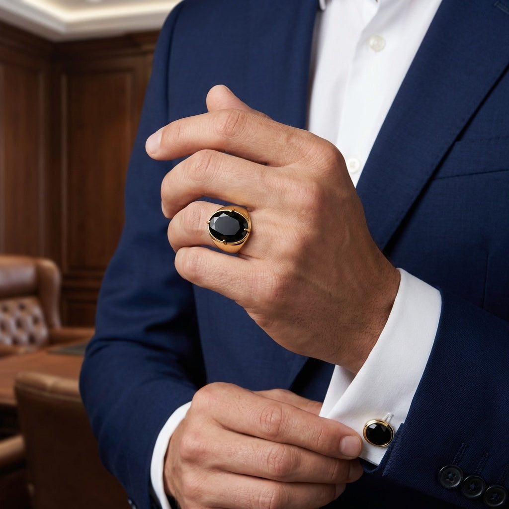 Natural Black Onyx Faceted Stone Golden Flexi Size Ring | 18K Real Gold PVD Plated– For Men | Includes: Ring