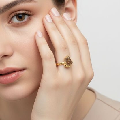 Raw Golden Glow Adjustable Ring | Rough Citrine Stone & PVD Gold - For Women | Includes: Ring