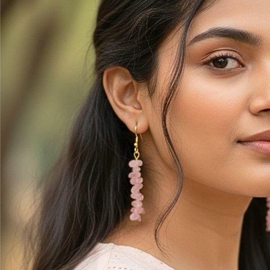 Rosy Radiance Earrings | 18K PVD Gold Plated & Rose Quartz Chip - For Women | Includes: Earrings