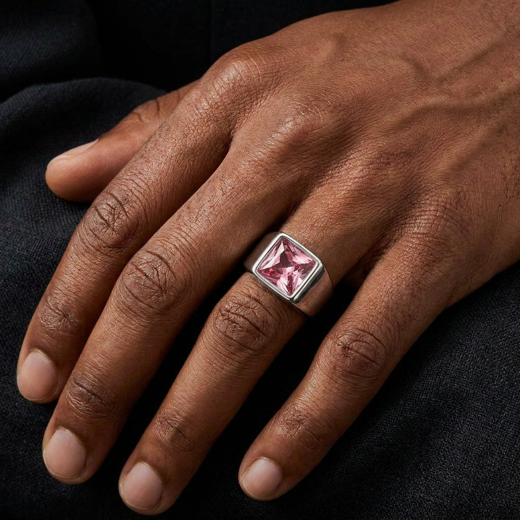 Regular Pink Square Zircon Titanium Ring | PVD Plated– For Men | Includes: Ring