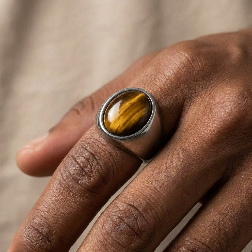 Natural BOLD Tiger Eye Stone Golden Titanium Steel Ring | PVD Plated– For Men | Includes: Ring