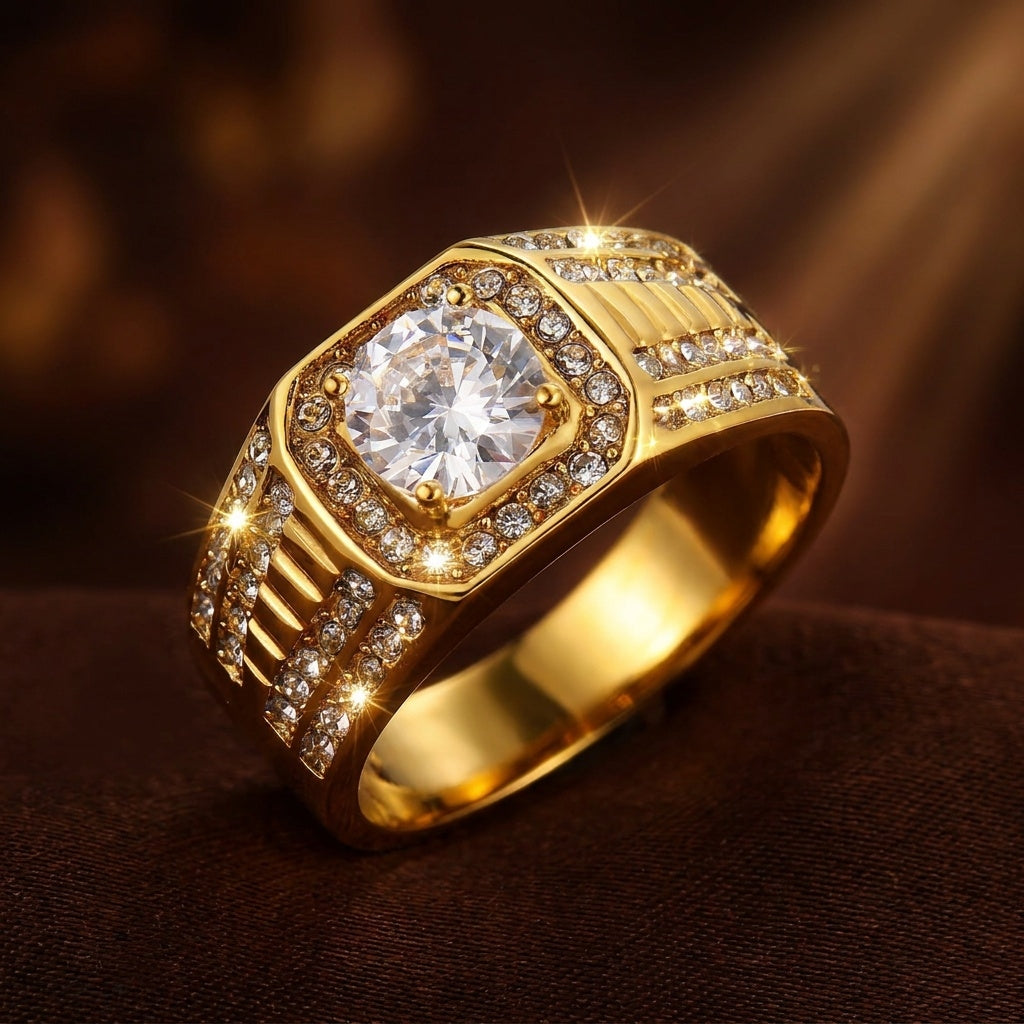 Classic Heritage Clear Zircon Ring | 18K Real Gold PVD Plated– For Men | Includes: Ring