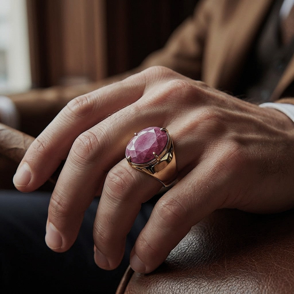 Natural Berry Quartz Faceted Stone Golden Flexi Size Ring | 18K Real Gold PVD Plated– For Men | Includes: Ring