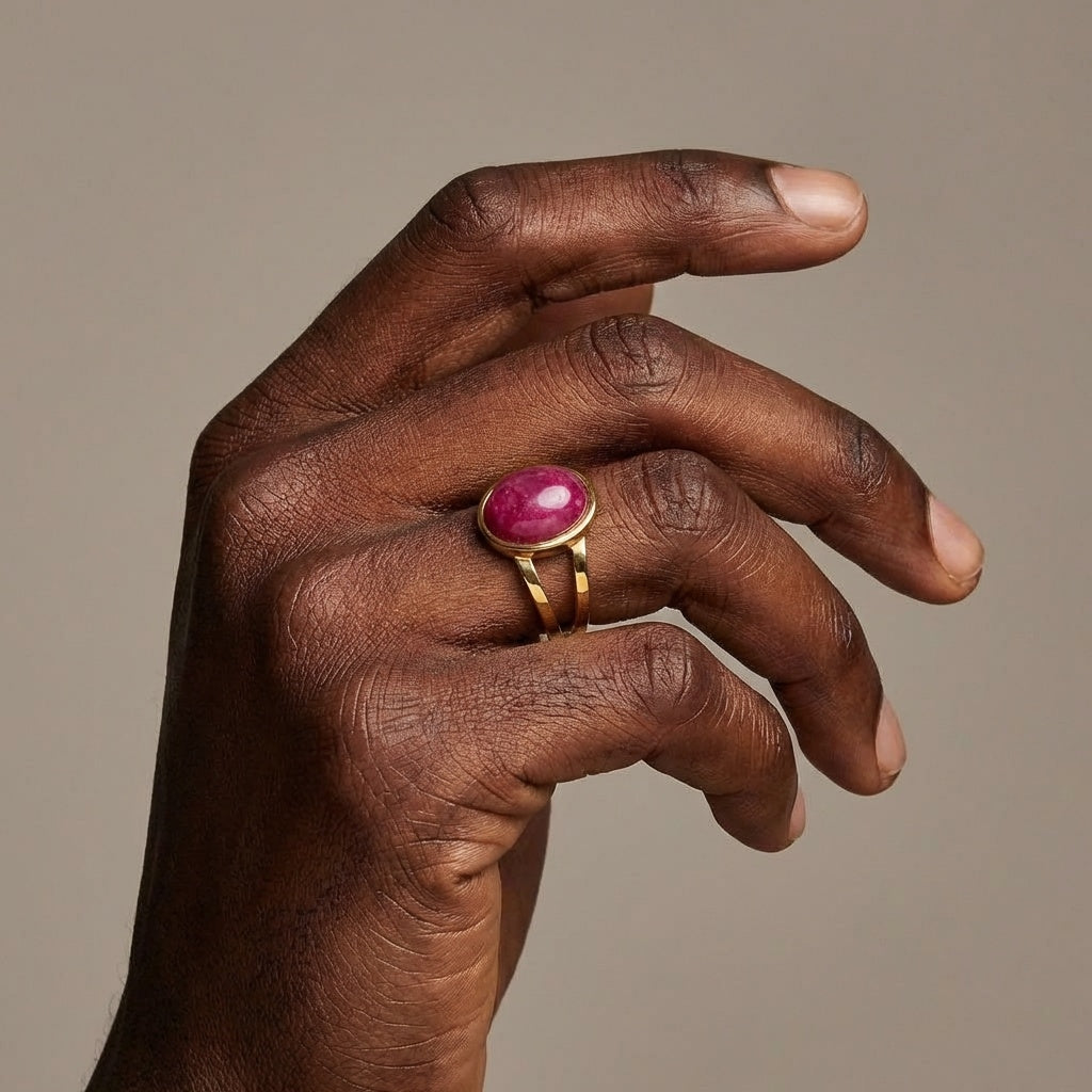 Pink Aventurine Stone Golden Dual Band Oval Ring | 18K Real Gold PVD Plated– For Men | Includes: Ring