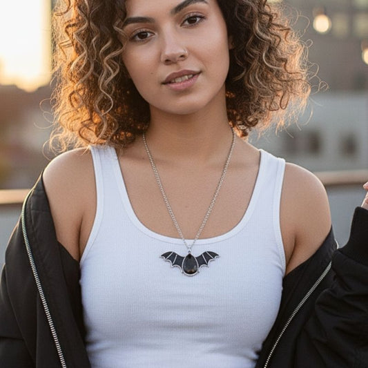 Shadow Fang Necklace | Silver Bat Pendant with Black Stone | Unisex