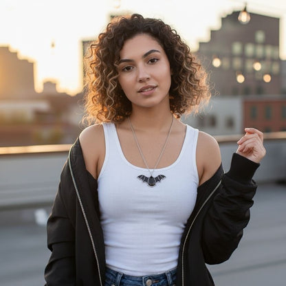 Shadow Fang Necklace | Silver Bat Pendant with Black Stone | Unisex