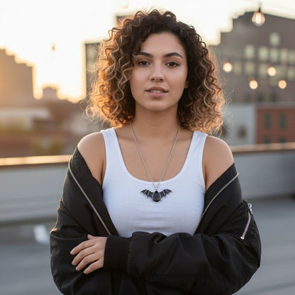 Shadow Fang Necklace | Silver Bat Pendant with Black Stone | Unisex