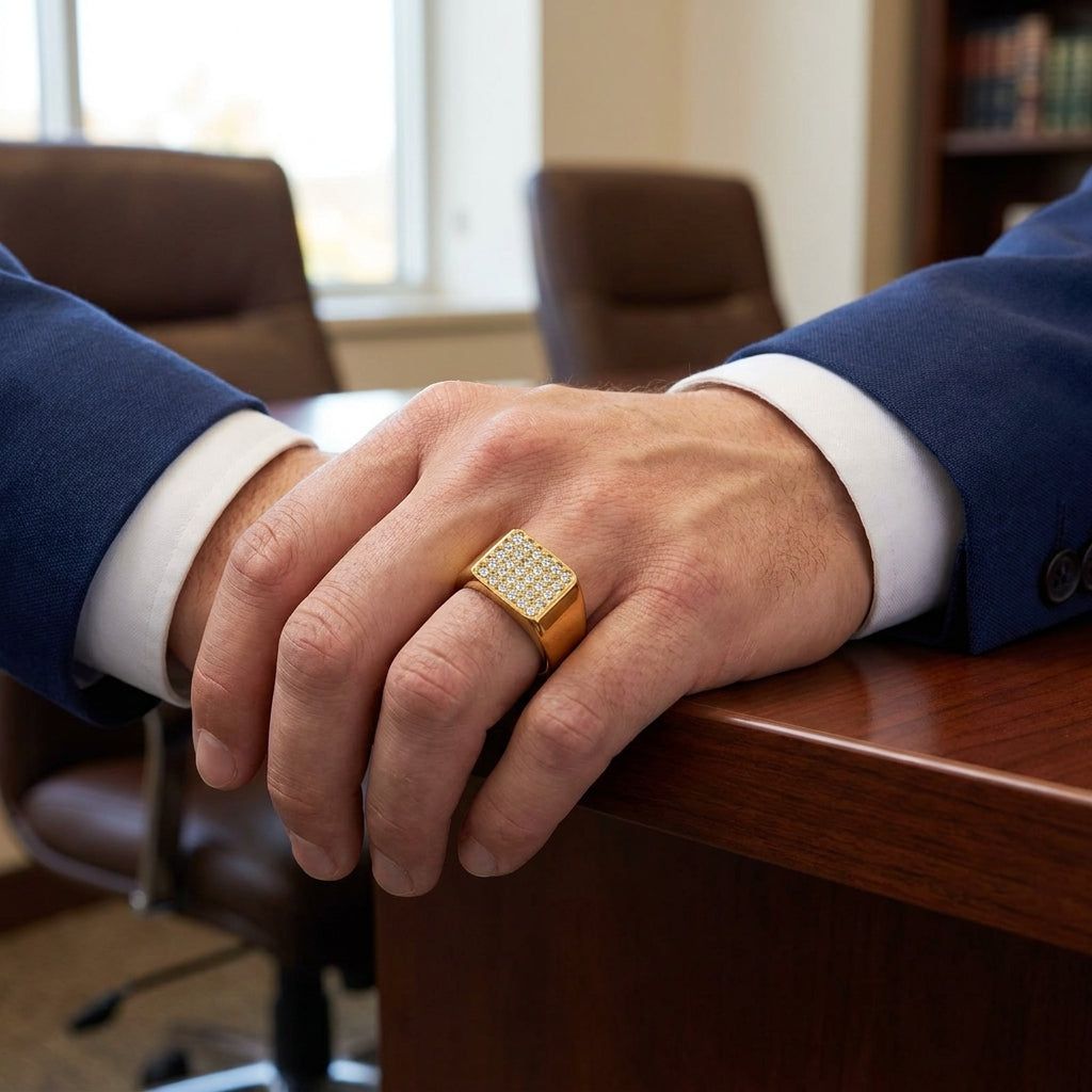 Golden Multi Zircon Square Inlay Steel Ring | 18K Real Gold PVD Plated– For Men | Includes: Ring