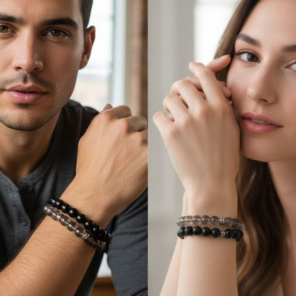 Strength Bracelet Set | Smokey & Black Obsidian - For Unisex | Includes: Bracelets (Set of 2)