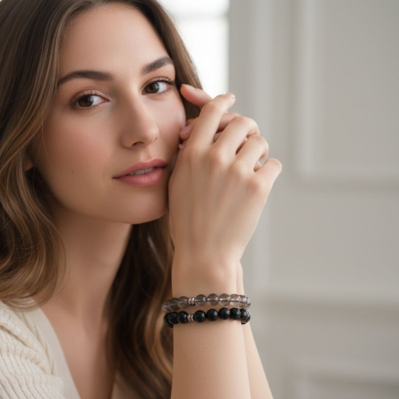 Strength Bracelet Set | Smokey & Black Obsidian - For Unisex | Includes: Bracelets (Set of 2)