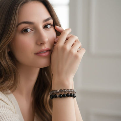 Strength Bracelet Set | Smokey & Black Obsidian - For Unisex | Includes: Bracelets (Set of 2)