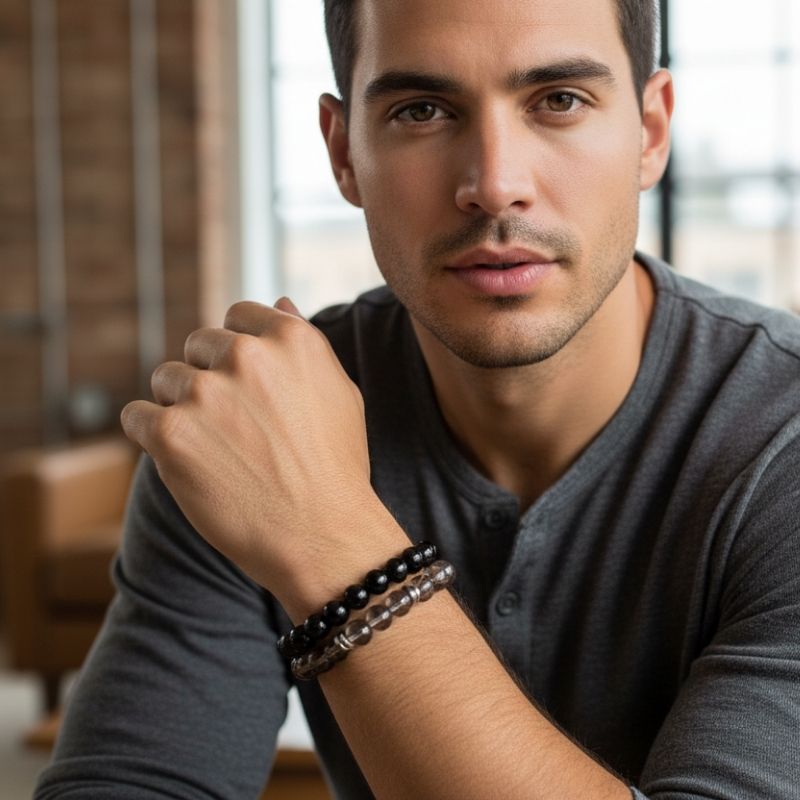 Strength Bracelet Set | Smokey & Black Obsidian - For Unisex | Includes: Bracelets (Set of 2)