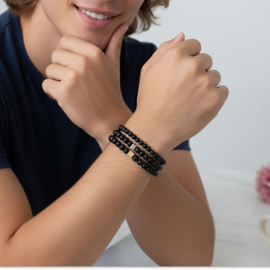 Strength Layered Bracelets | Black Obsidian - For Men | Includes: Bracelets (Set of 3)