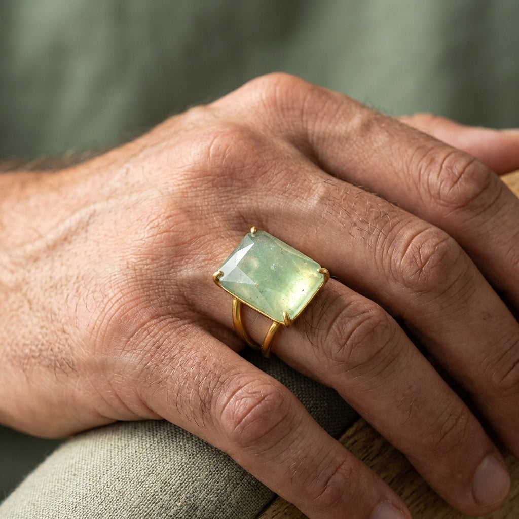 BOLD Natural Green Jade Golden Flexi Size Ring | 18K Real Gold PVD Plated– For Men | Includes: Ring