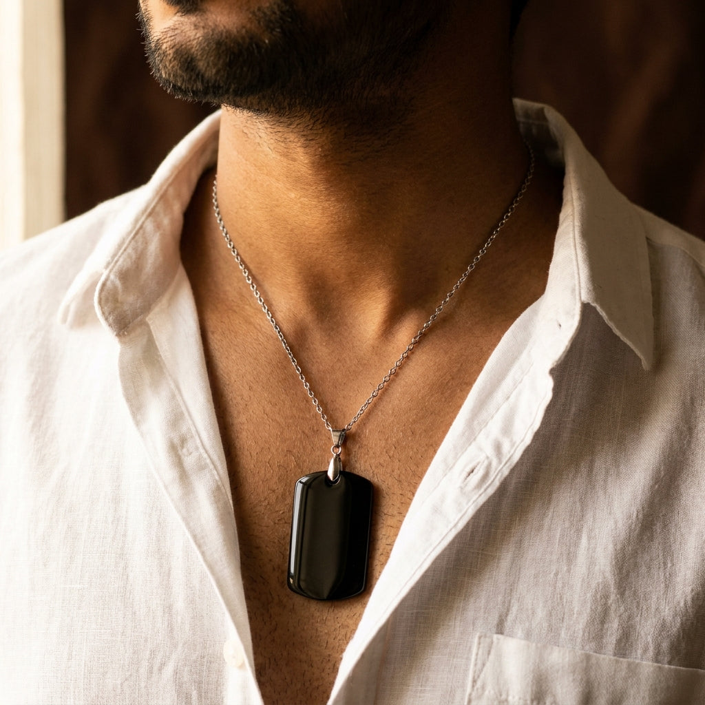 Black Onyx REAL Stone Men's Necklace | Stainless Steel - For Men| Includes: Necklace