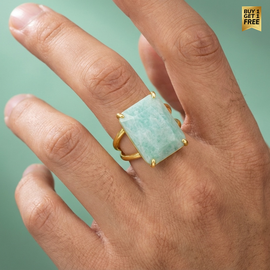 BOLD Natural Amazonite Stone Golden Flexi Size Ring | 18K Real Gold PVD Plated– For Men | Includes: Ring