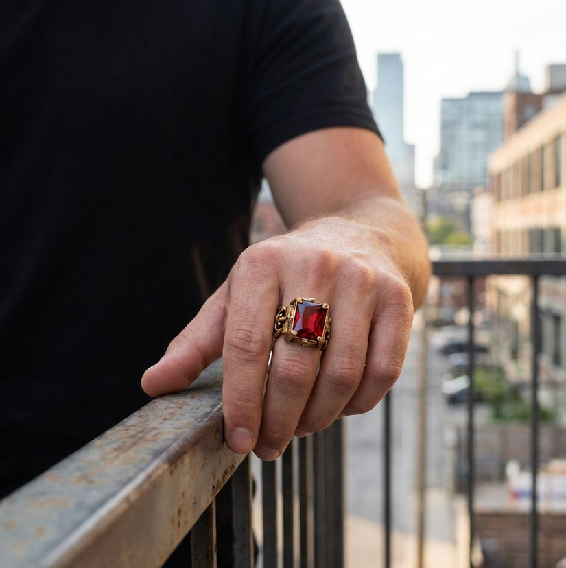 Red Zircon BOLD Iranian Golden Titanium Ring | 18K Real Gold PVD Plated– For Men | Includes: Ring