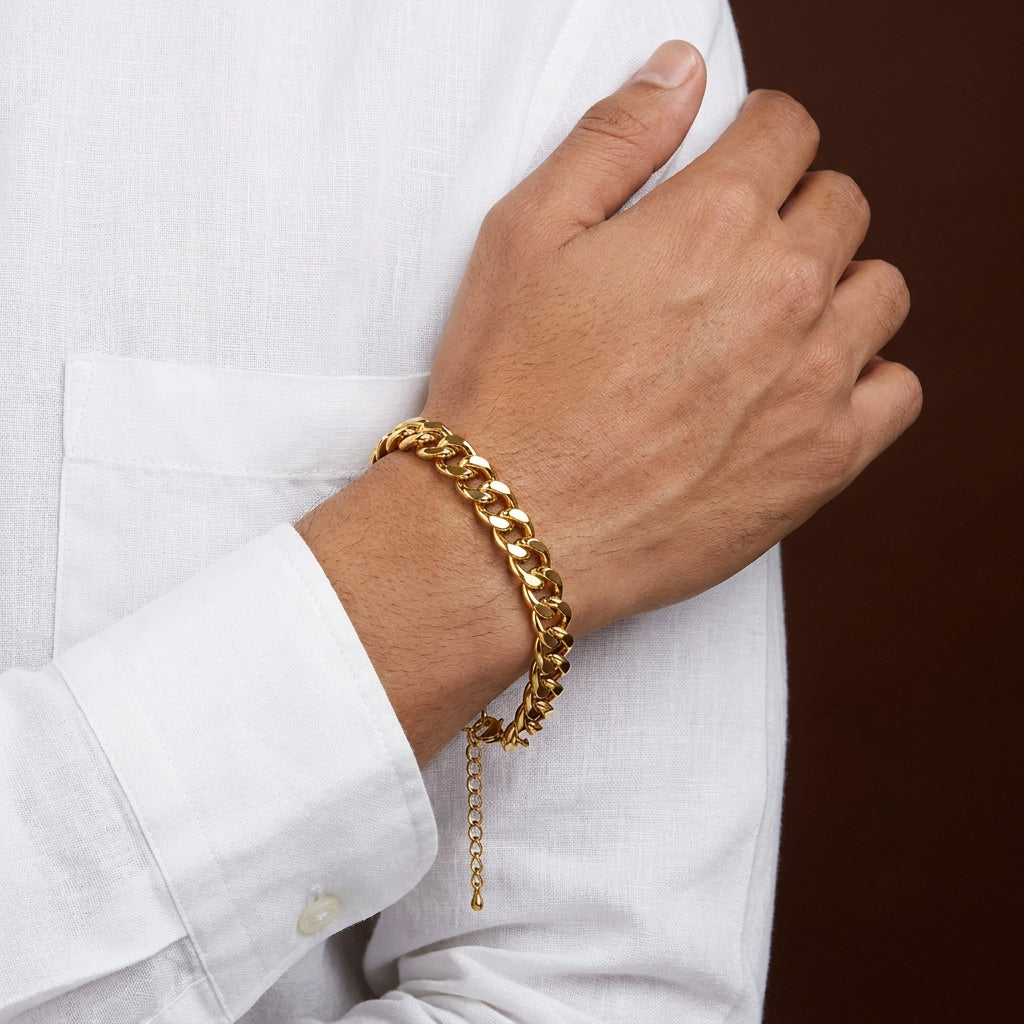 Golden Lean-Link Flexi Size Steel THIN Bracelet (5MM) | 18K PVD Gold Plated- For Men | Includes: Bracelet