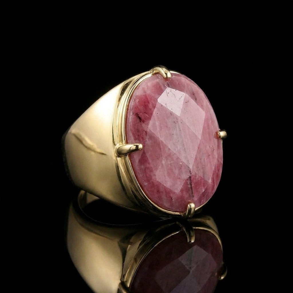 Natural Berry Quartz Faceted Stone Golden Flexi Size Ring | 18K Real Gold PVD Plated– For Men | Includes: Ring