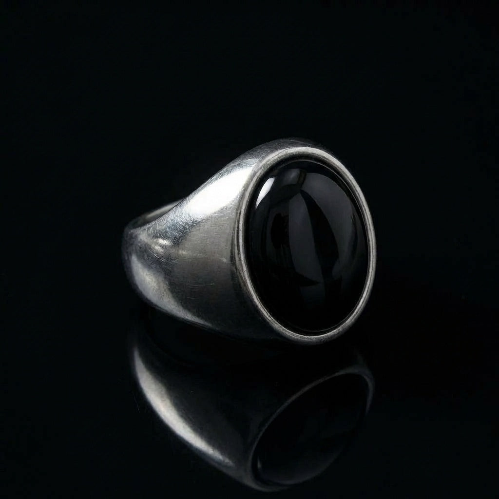 Natural BOLD Black Onyx Stone Golden Titanium Steel Ring | PVD Plated– For Men | Includes: Ring