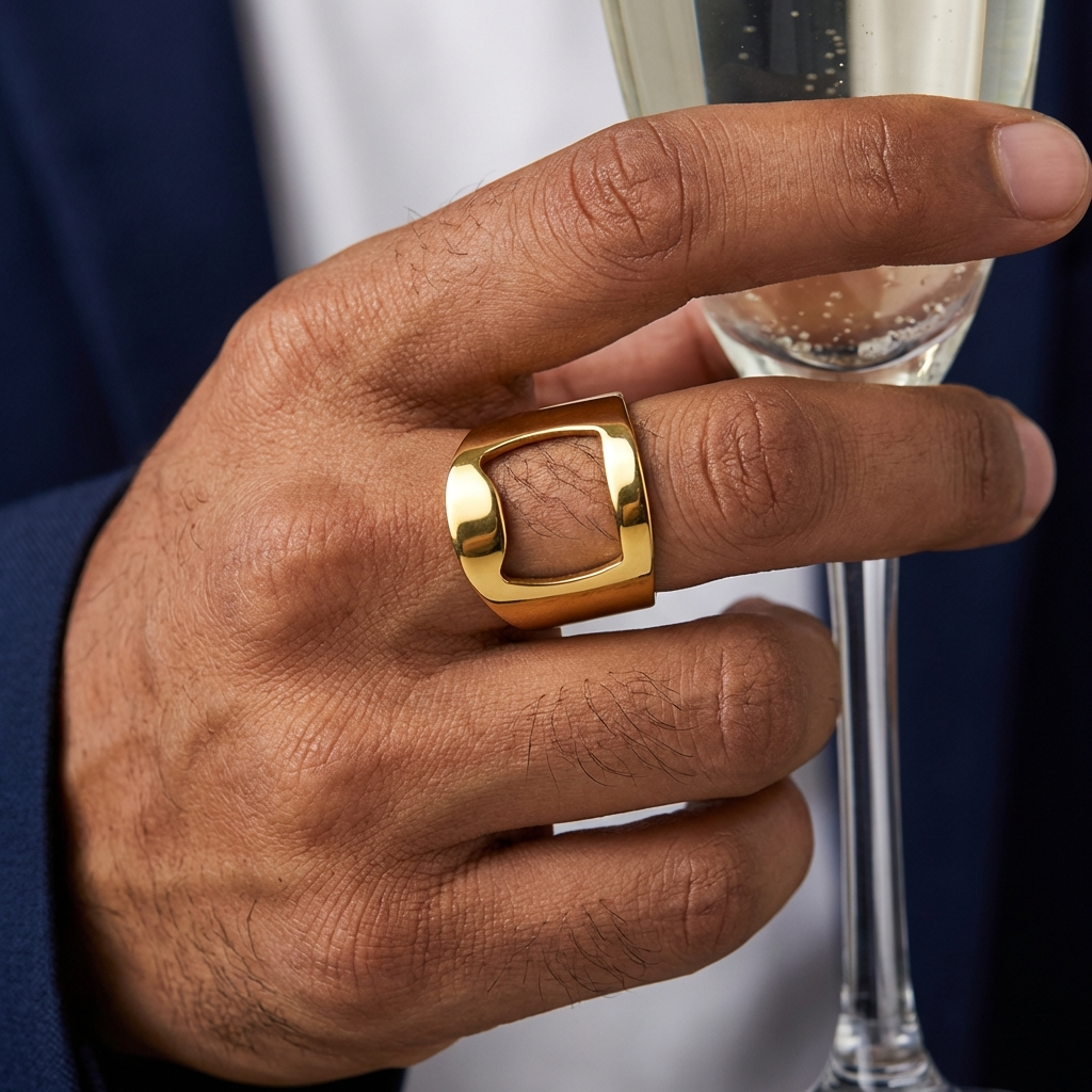 Funky Golden Bottle Opener Ring | REAL Steel– For Men | Includes: Ring