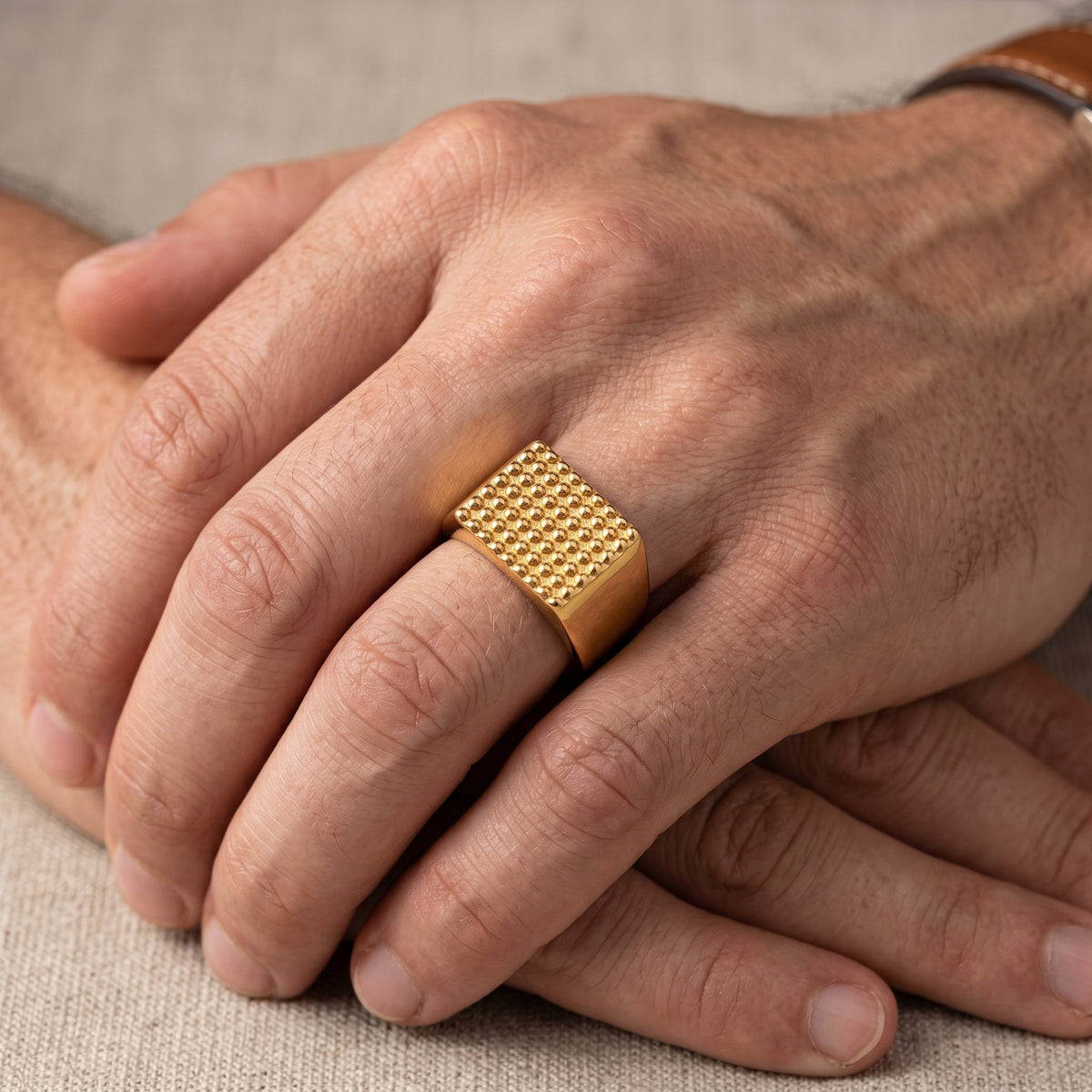 Golden Mosaic Dot Bold Steel Ring | 18K Real Gold PVD Plated– For Men | Includes: Ring