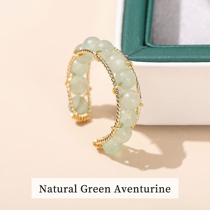 Trendy Lustre Adjustable Ring | Green Aventurine Stone & PVD Gold - For Women | Includes: Ring