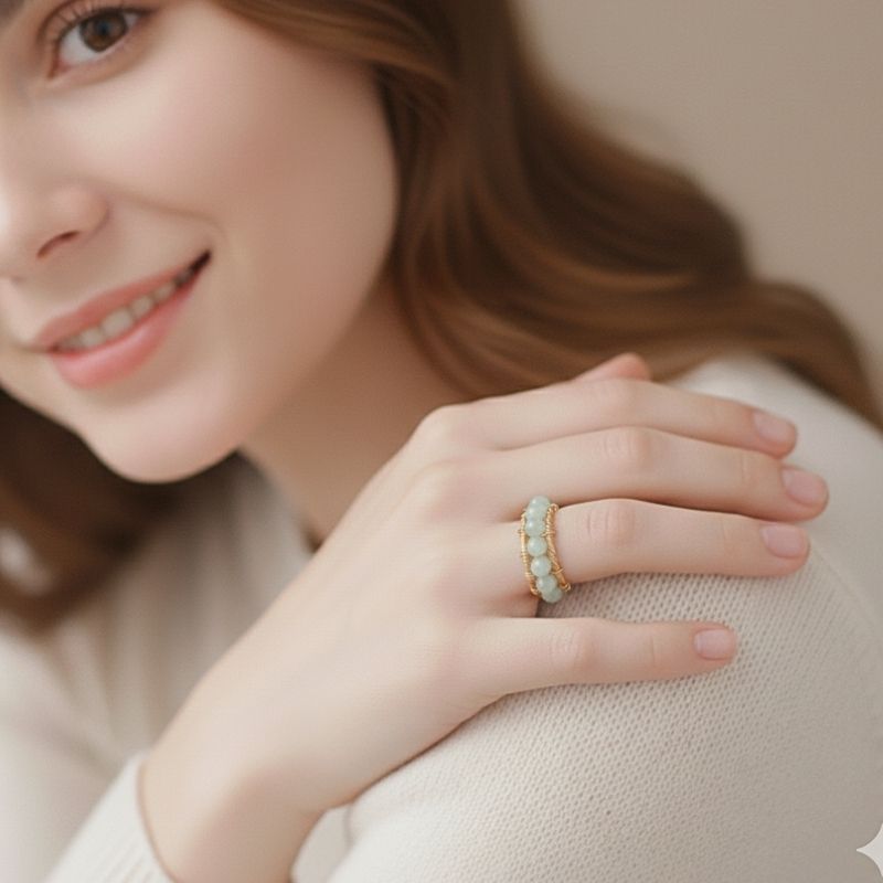 Trendy Lustre Adjustable Ring | Green Aventurine Stone & PVD Gold - For Women | Includes: Ring