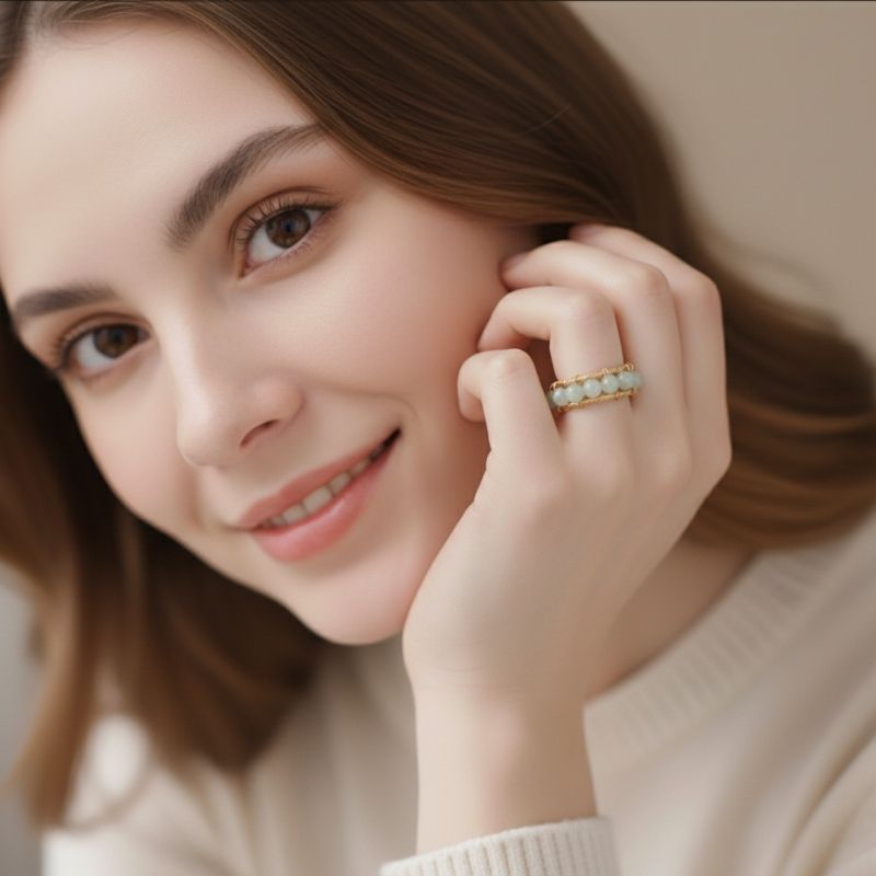 Trendy Lustre Adjustable Ring | Green Aventurine Stone & PVD Gold - For Women | Includes: Ring