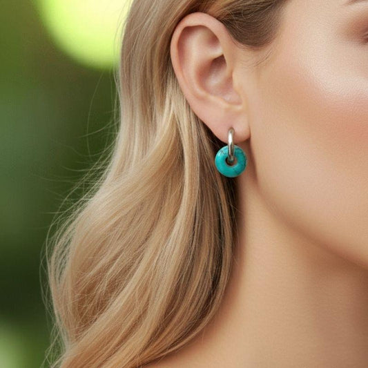 Turquoise Breeze Hoop Earrings | Turquoise Stone & Silver PVD Plated - For Women | Includes: Earrings