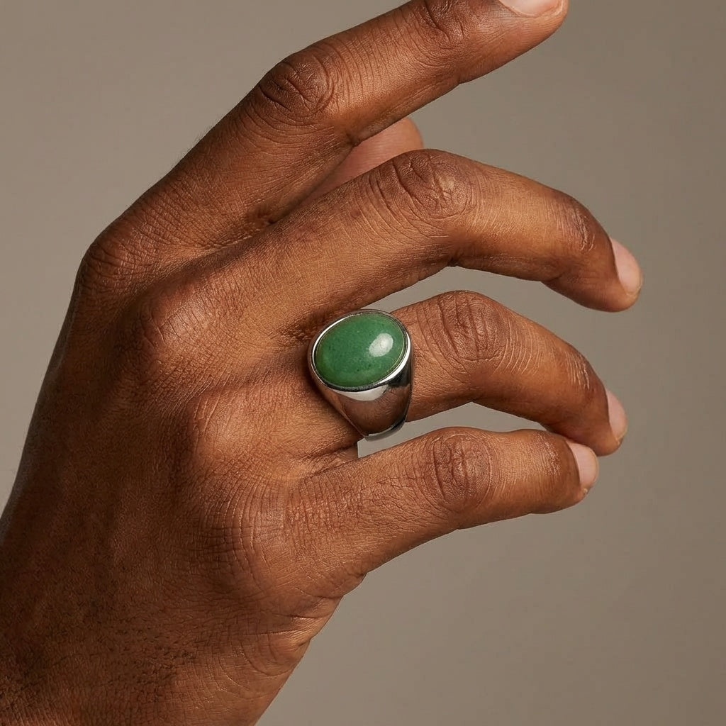 Natural Green Jade Stone Golden Titanium Steel Ring | PVD Plated– For Men | Includes: Ring