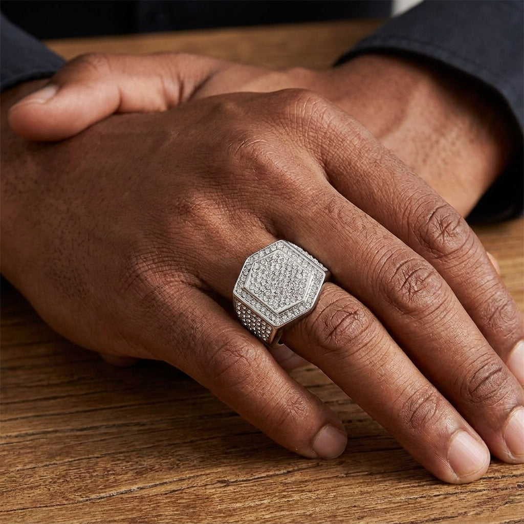 Silverish Hexagon Micro Zircon Bold Steel Ring | PVD Plated– For Men | Includes: Ring