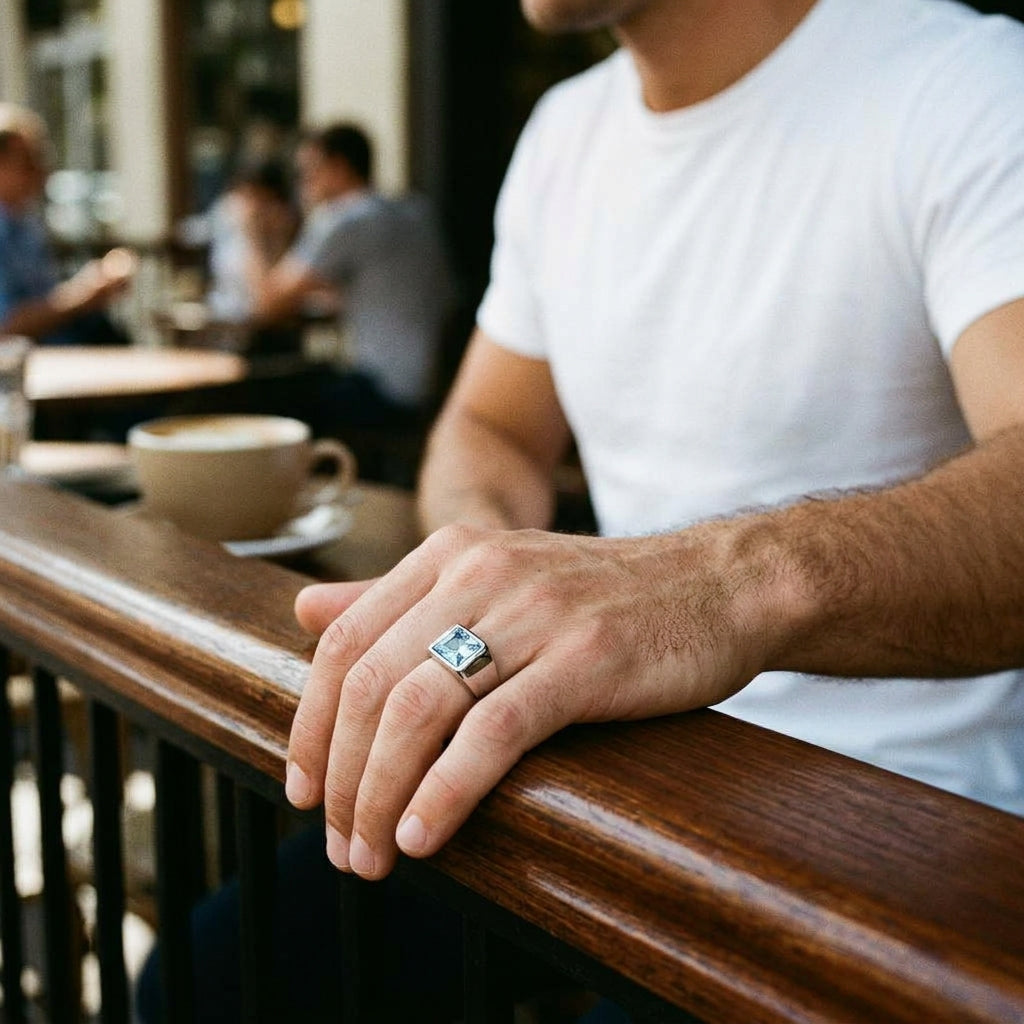 Regular Watery Blue Square Zircon Titanium Ring | PVD Plated– For Men | Includes: Ring