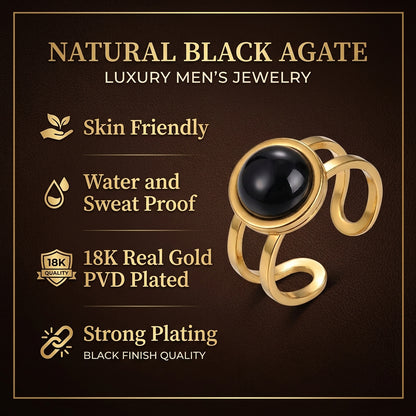 Black Onyx Stone Flexi Size Golden Ring | 18K Real Gold PVD Plated– For Men | Includes: Ring