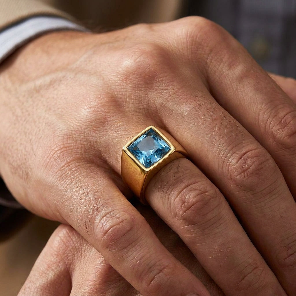 Golden Regular Light Blue Square Zircon Titanium Ring | 18K Real Gold PVD Plated– For Men | Includes: Ring