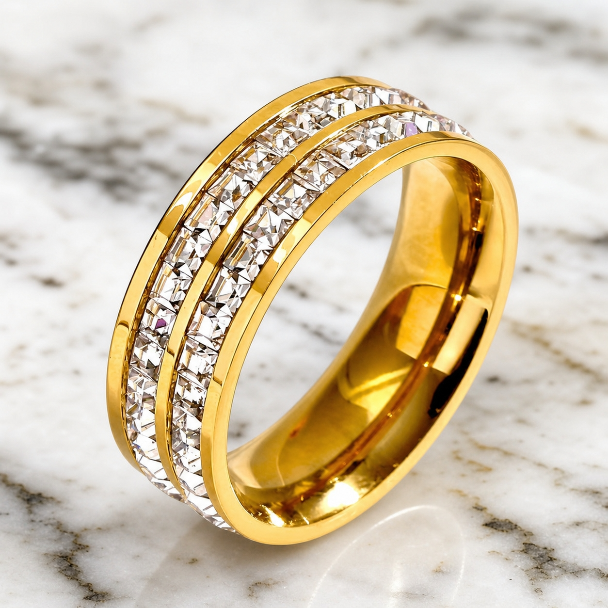 Zircon Line Titanium Steel Golden Ring | 18K Real Gold PVD Plated– For Women | Includes: Ring