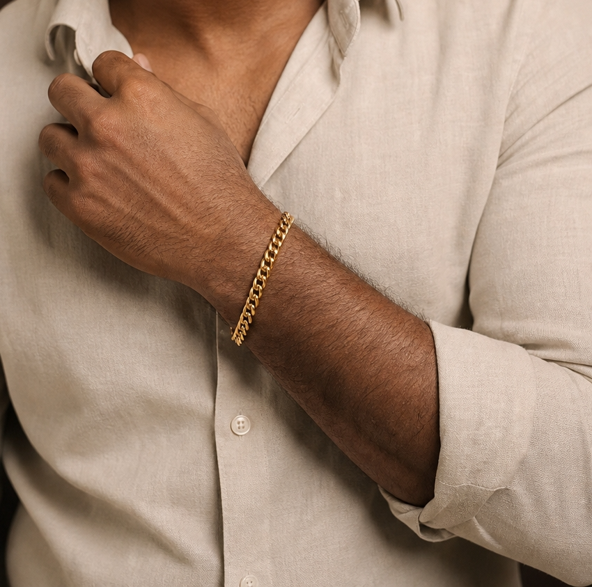 Golden Lean-Link Flexi Size Steel THIN Bracelet (5MM) | 18K PVD Gold Plated- For Men | Includes: Bracelet