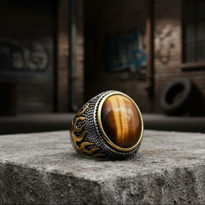 Ultra Bold Tiger Strength Fire Ring | Tiger Eye Stone - For Men | Includes: Ring
