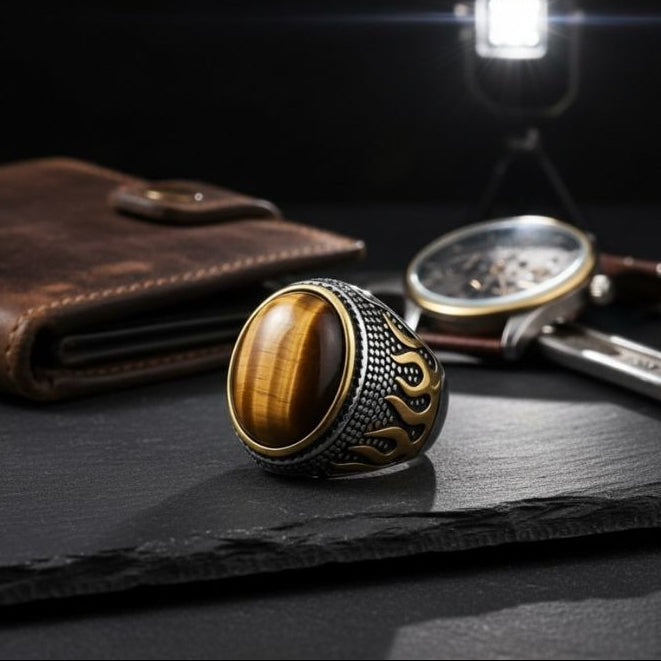 Ultra Bold Tiger Strength Fire Ring | Tiger Eye Stone - For Men | Includes: Ring
