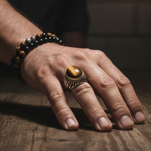 Ultra Bold Tiger Strength Fire Ring | Tiger Eye Stone - For Men | Includes: Ring