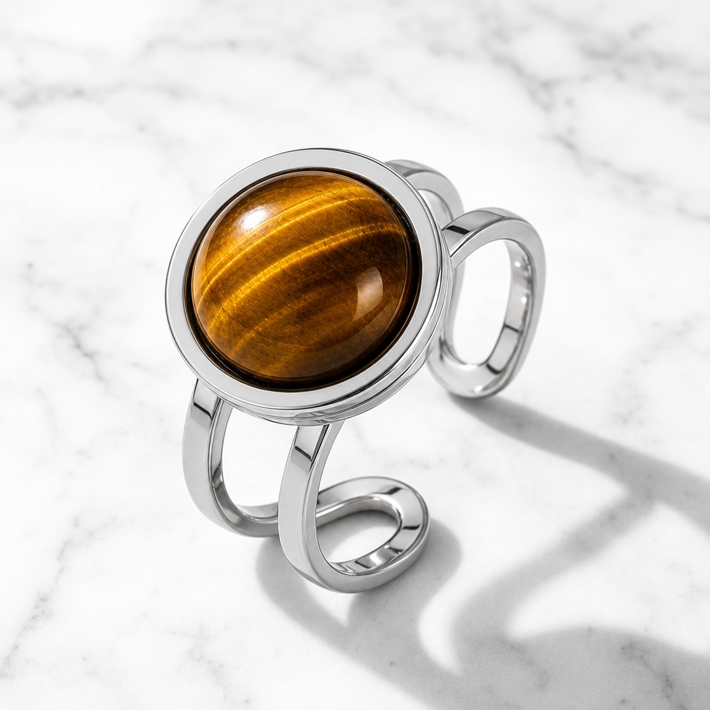 Adjustable Ring with Tiger Eye Stone| Silver Plated -For Women | Includes: Ring